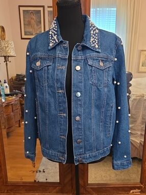 SHEIN Blue Denim Jacket with Pearl Trim